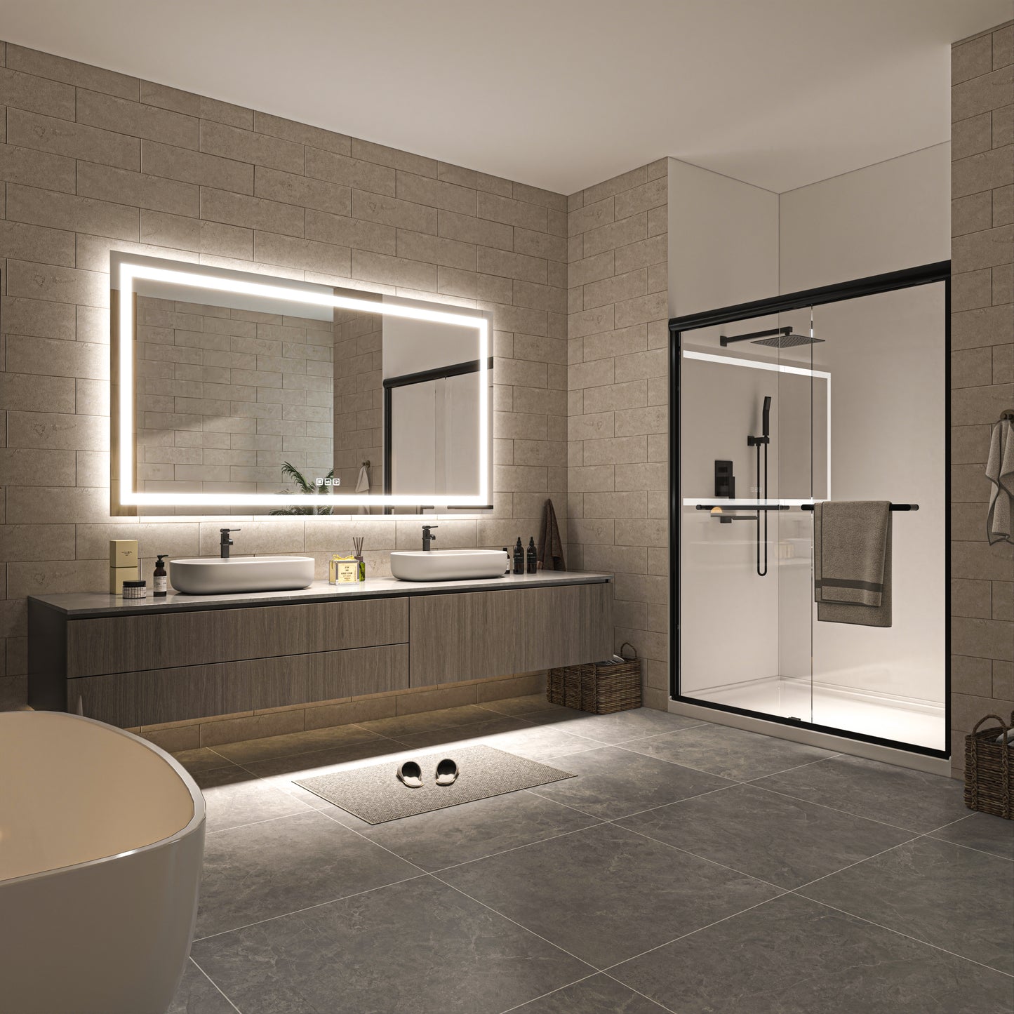 Waterpar® 72 in. W x 40 in. H Rectangular Frameless Wall Bathroom Vanity Mirror with Backlit and Front Light