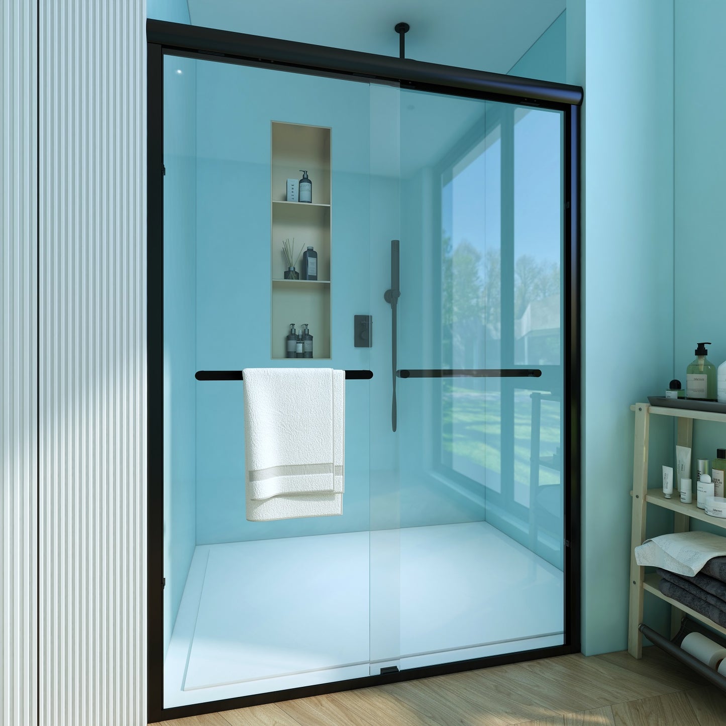 Waterpar® 56-60 in. W x 72 in. H Sliding Semi-Frameless Shower Door with Double Towel Bars