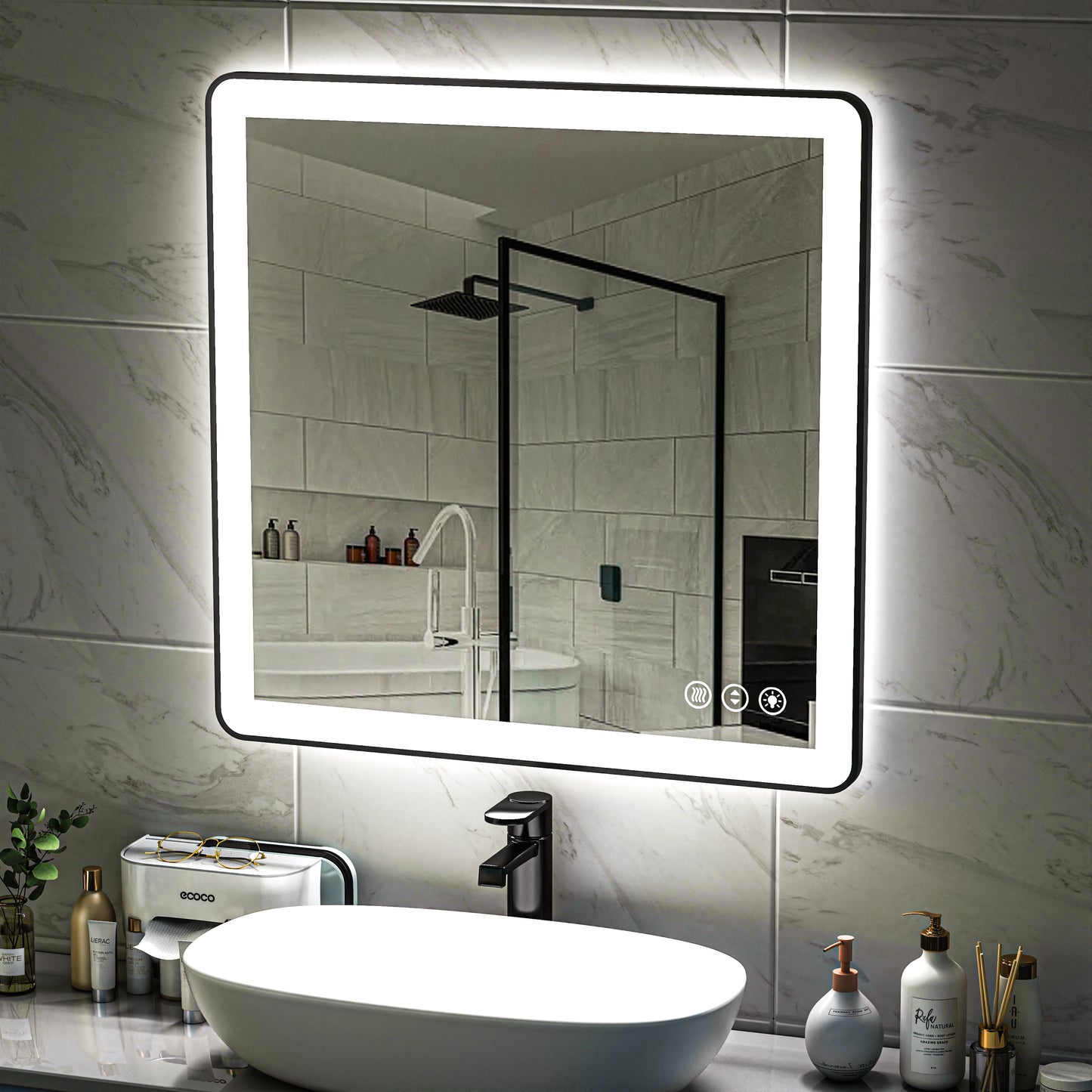 Waterpar® 36 in. W x 36 in. H Rectangular Framed Anti-Fog LED Wall Bathroom Vanity Mirror in Black with Backlit and Front Light