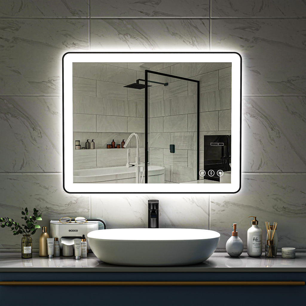 Waterpar® 40 in. W x 32 in. H Rectangular Framed Anti-Fog LED Wall Bathroom Vanity Mirror in Black with Backlit and Front Light