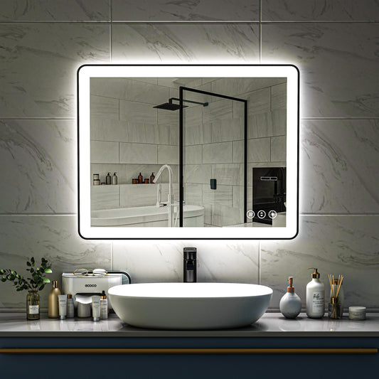 Waterpar® 40 in. W x 32 in. H Rectangular Framed Anti-Fog LED Wall Bathroom Vanity Mirror in Black with Backlit and Front Light