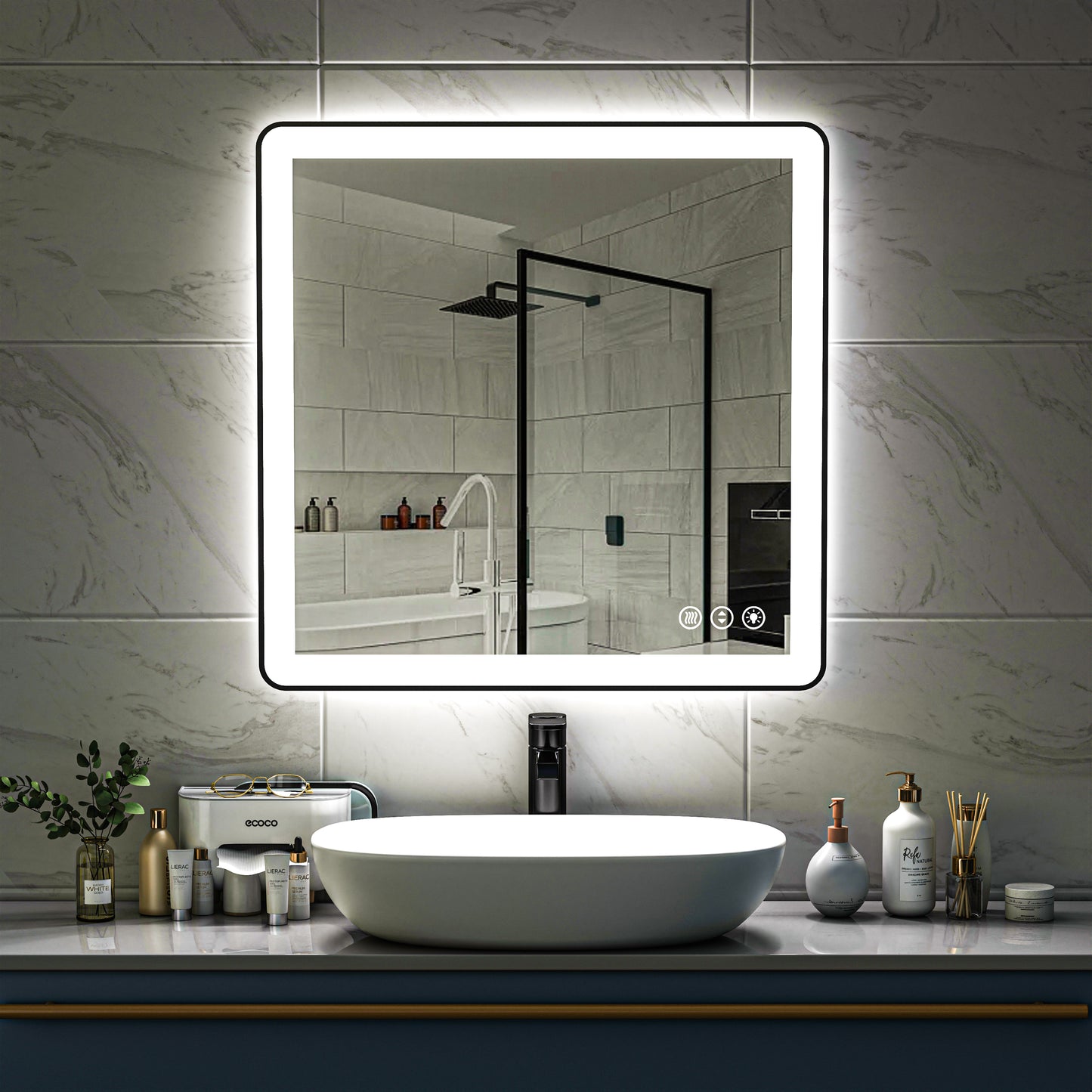 Waterpar® 36 in. W x 36 in. H Rectangular Framed Anti-Fog LED Wall Bathroom Vanity Mirror in Black with Backlit and Front Light