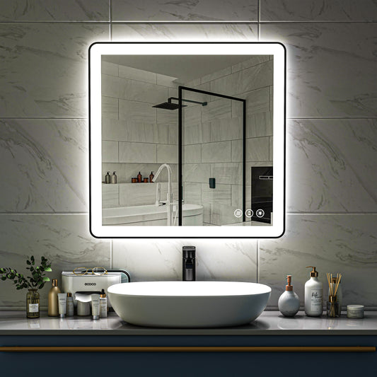Waterpar® 36 in. W x 36 in. H Rectangular Framed Anti-Fog LED Wall Bathroom Vanity Mirror in Black with Backlit and Front Light