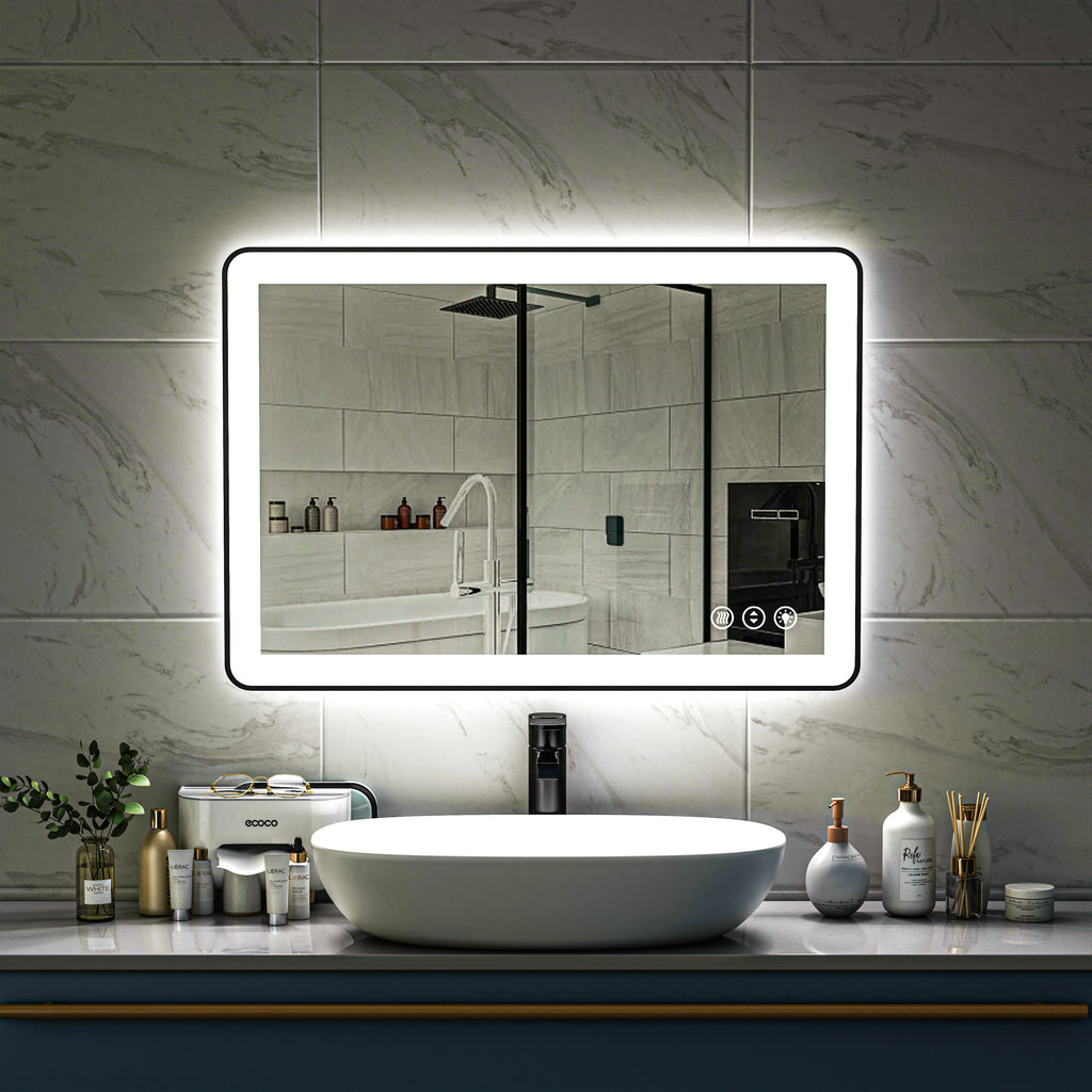 Waterpar® 40 in. W x 30 in. H Rectangular Framed Anti-Fog LED Wall Bathroom Vanity Mirror in Black with Backlit and Front Light