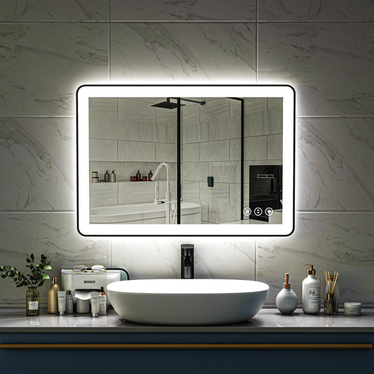 Waterpar® 40 in. W x 30 in. H Rectangular Framed Anti-Fog LED Wall Bathroom Vanity Mirror in Black with Backlit and Front Light