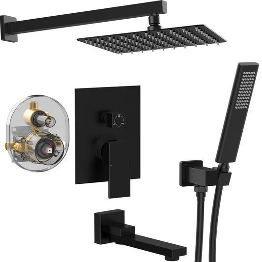 Waterpar®  1-Spray Square Shower System Fixed Shower Head and Tub Faucet with Hand Shower in Matte Black (Valve Included)