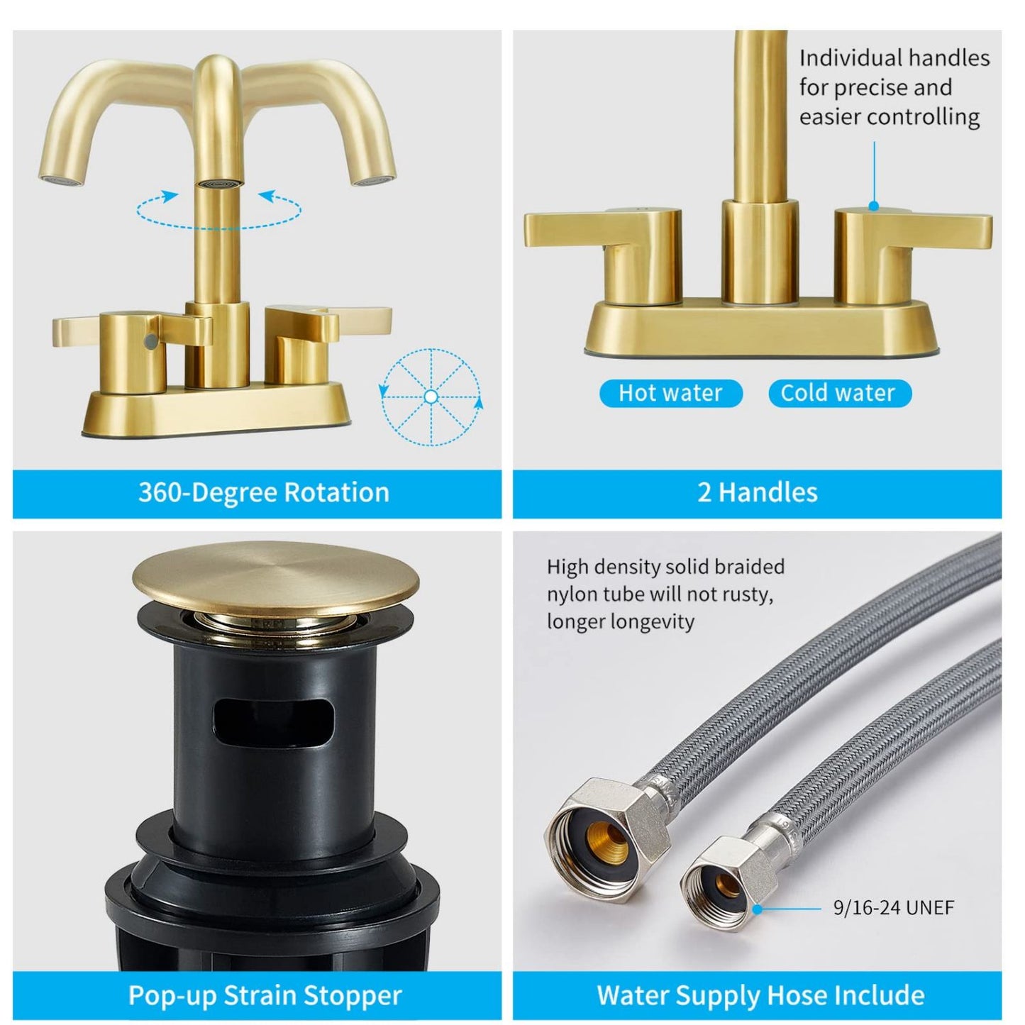 Waterpar® 4 in. Centerset Double Handle Bathroom Faucet with Pop-up Drain and ‎Supply Hose