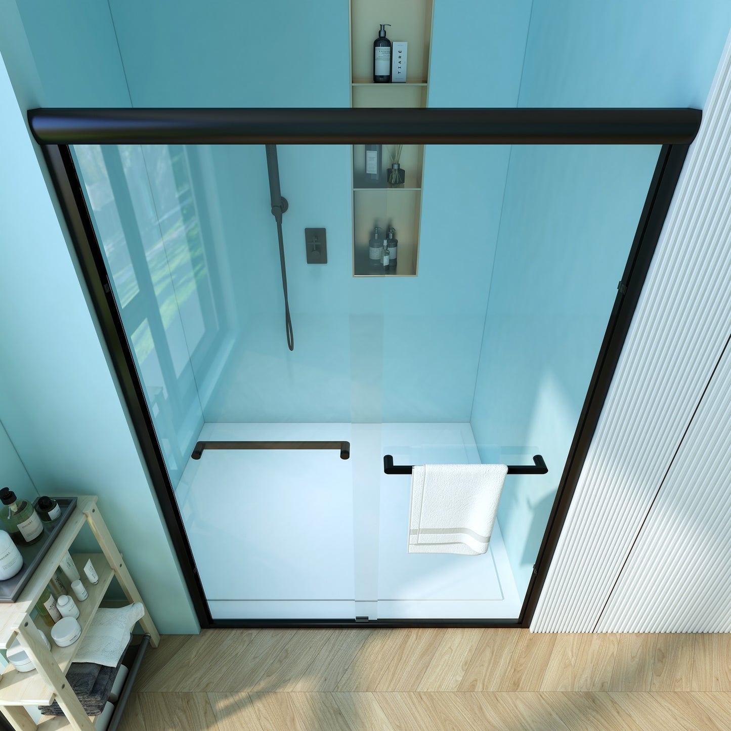 Waterpar® 56-60 in. W x 72 in. H Sliding Semi-Frameless Shower Door with Double Towel Bars