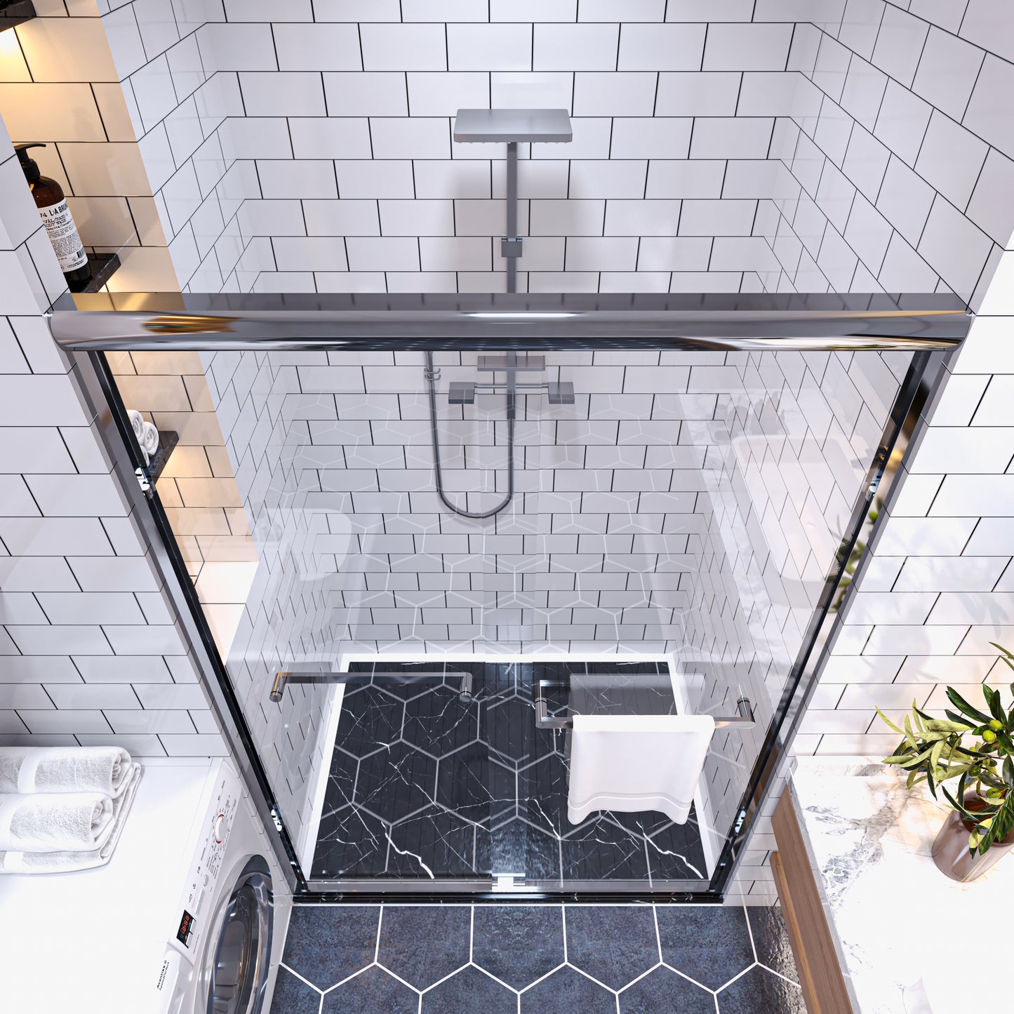 Waterpar® 56-60 in. W x 72 in. H Sliding Semi-Frameless Shower Door with Double Towel Bars