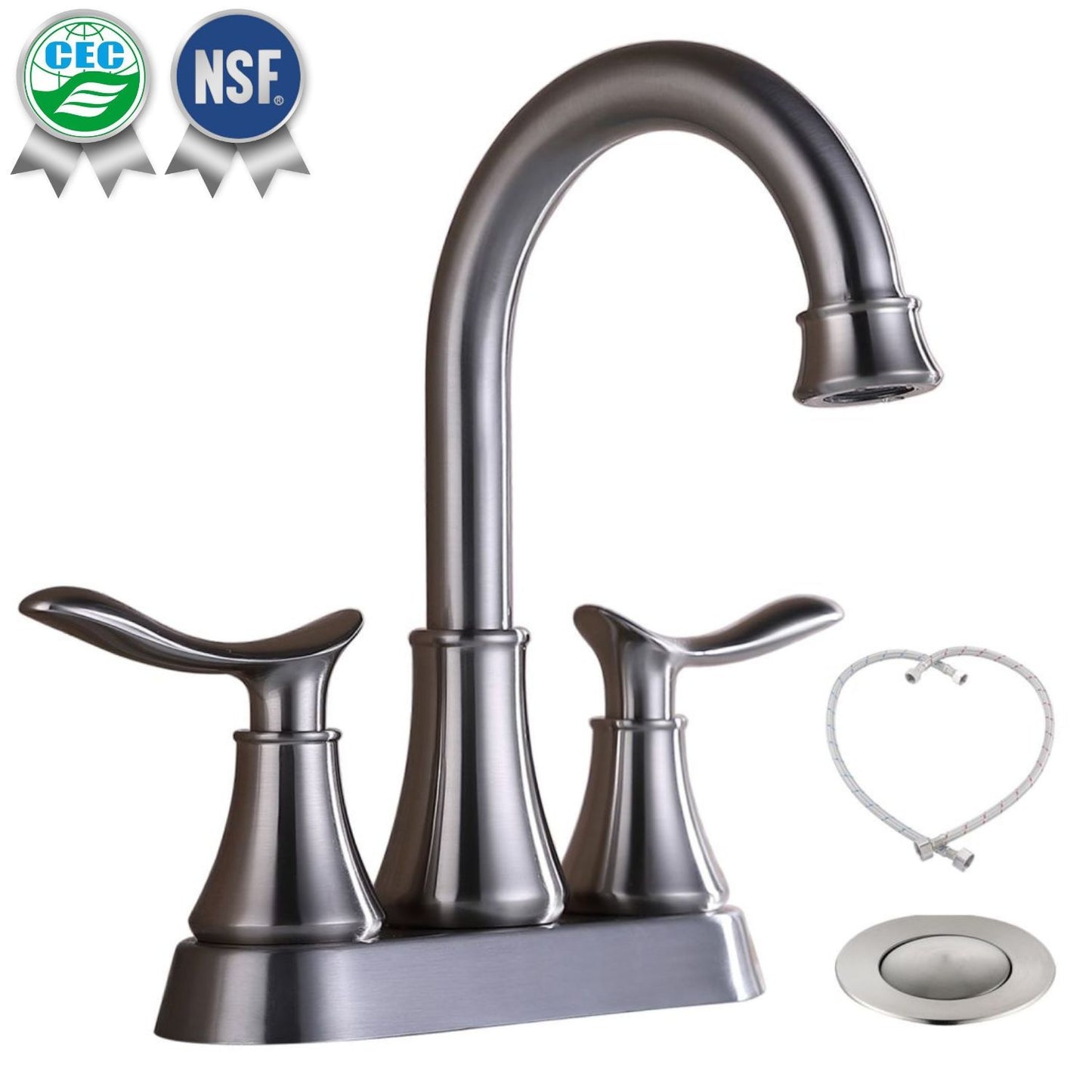 Waterpar®  4 in. Centerset Double Handle High Arc Bathroom Faucet with Pop-up Drain and ‎Supply Hoses