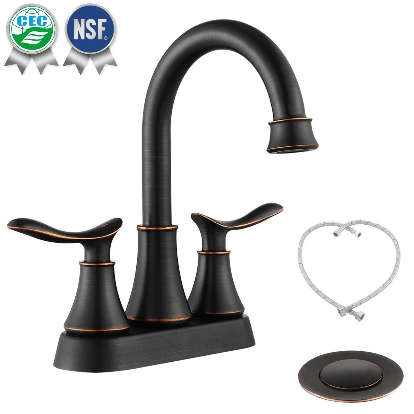 Waterpar®  4 in. Centerset Double Handle High Arc Bathroom Faucet with Pop-up Drain and ‎Supply Hoses