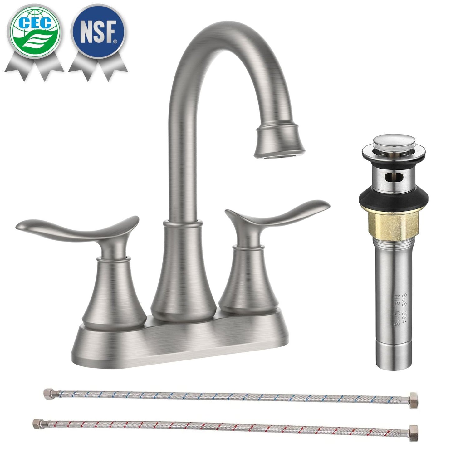 Waterpar®  4 in. Centerset Double Handle Bathroom Faucet with Pop-up Drain and ‎Supply Hoses