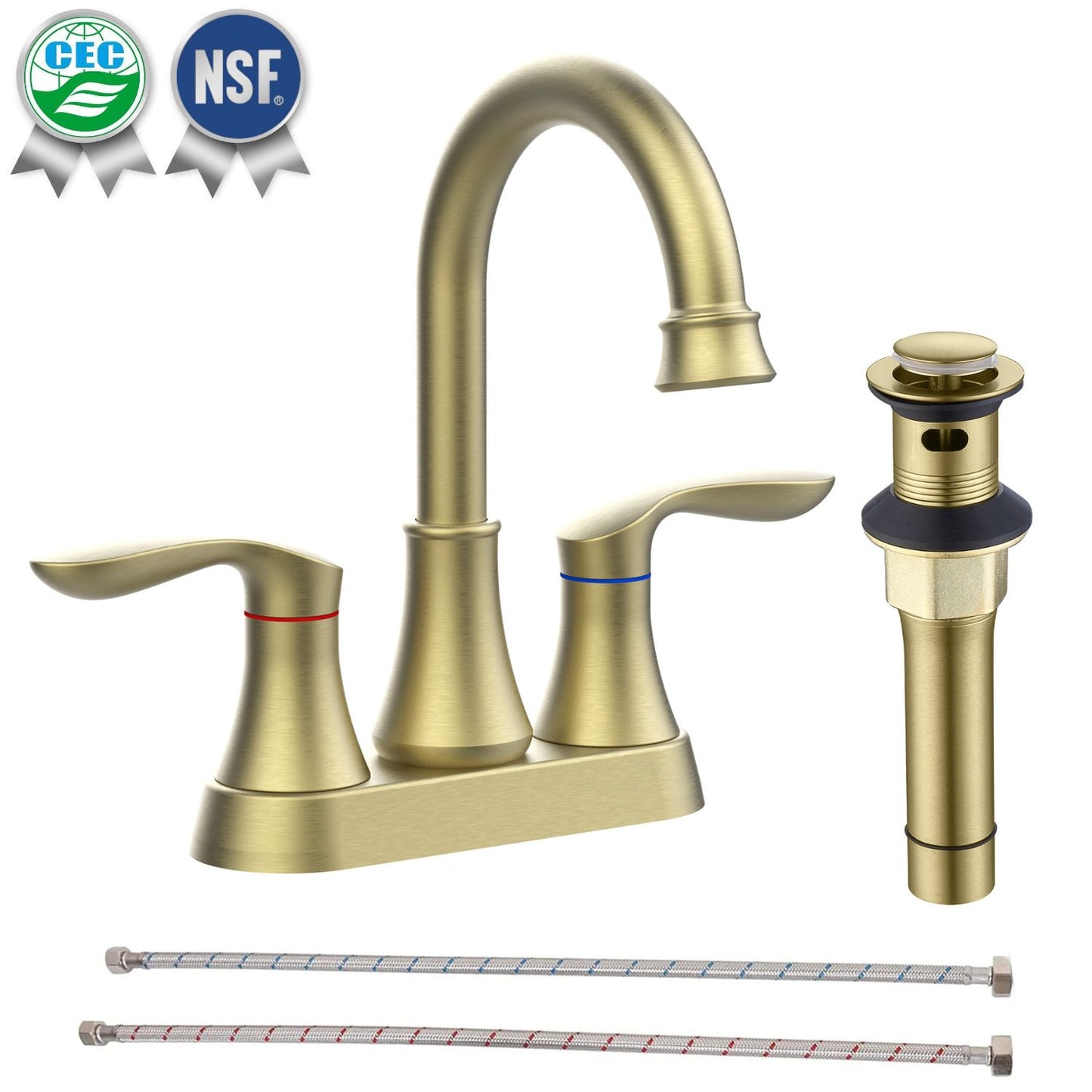 Waterpar®  4 in. Centerset Double Handle High Arc Bathroom Faucet with Pop-up Drain and ‎Supply Hoses