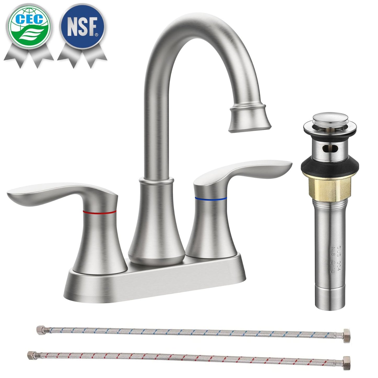 Waterpar®  4 in. Centerset Double Handle High Arc Bathroom Faucet with Pop-up Drain and ‎Supply Hoses