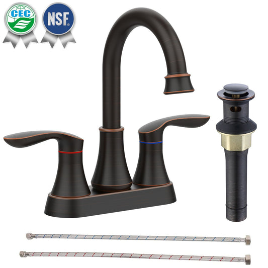 Waterpar®  4 in. Centerset Double Handle High Arc Bathroom Faucet with Pop-up Drain and ‎Supply Hoses