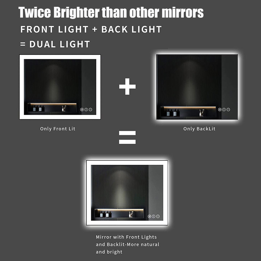 Waterpar® 36 in. W x 36 in. H Rectangular Framed Anti-Fog LED Wall Bathroom Vanity Mirror in Black with Backlit and Front Light
