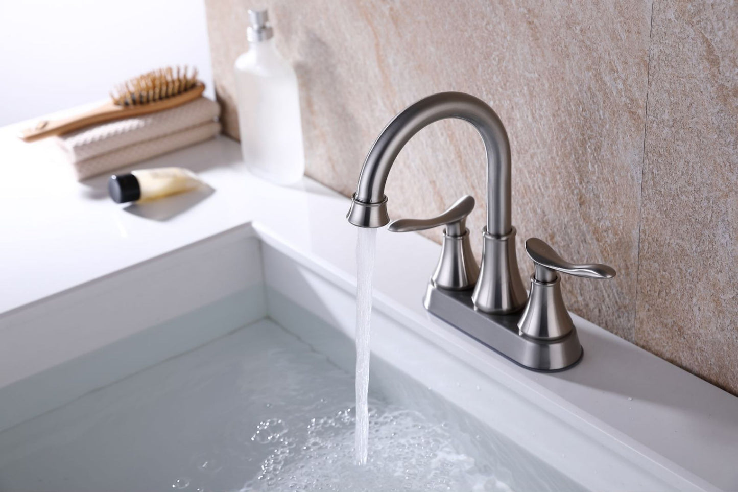 Waterpar®  4 in. Centerset Double Handle High Arc Bathroom Faucet with Pop-up Drain and ‎Supply Hoses