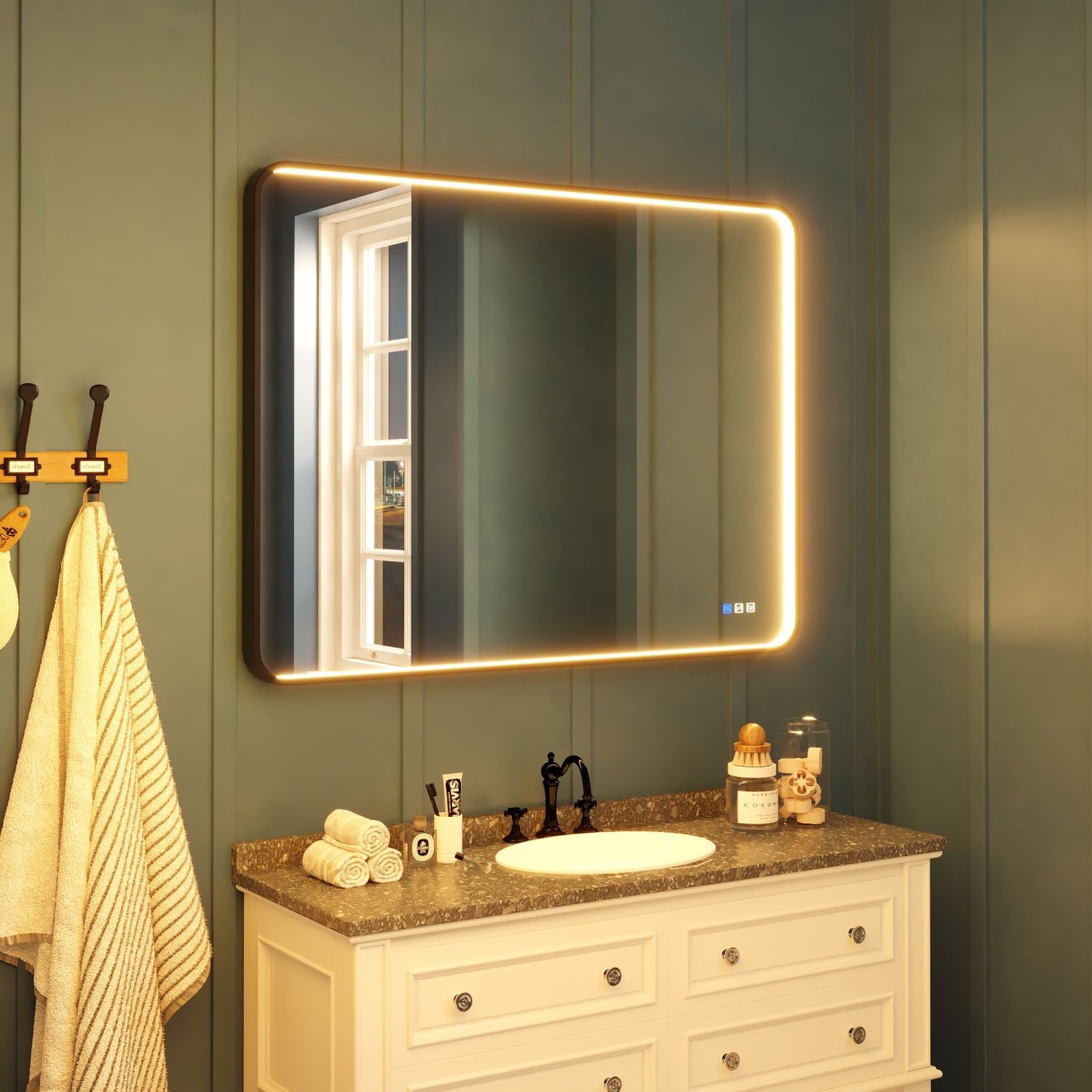 Waterpar® Rectangular Black Framed Anti-Fog LED Wall Bathroom Vanity Mirror with Front Light