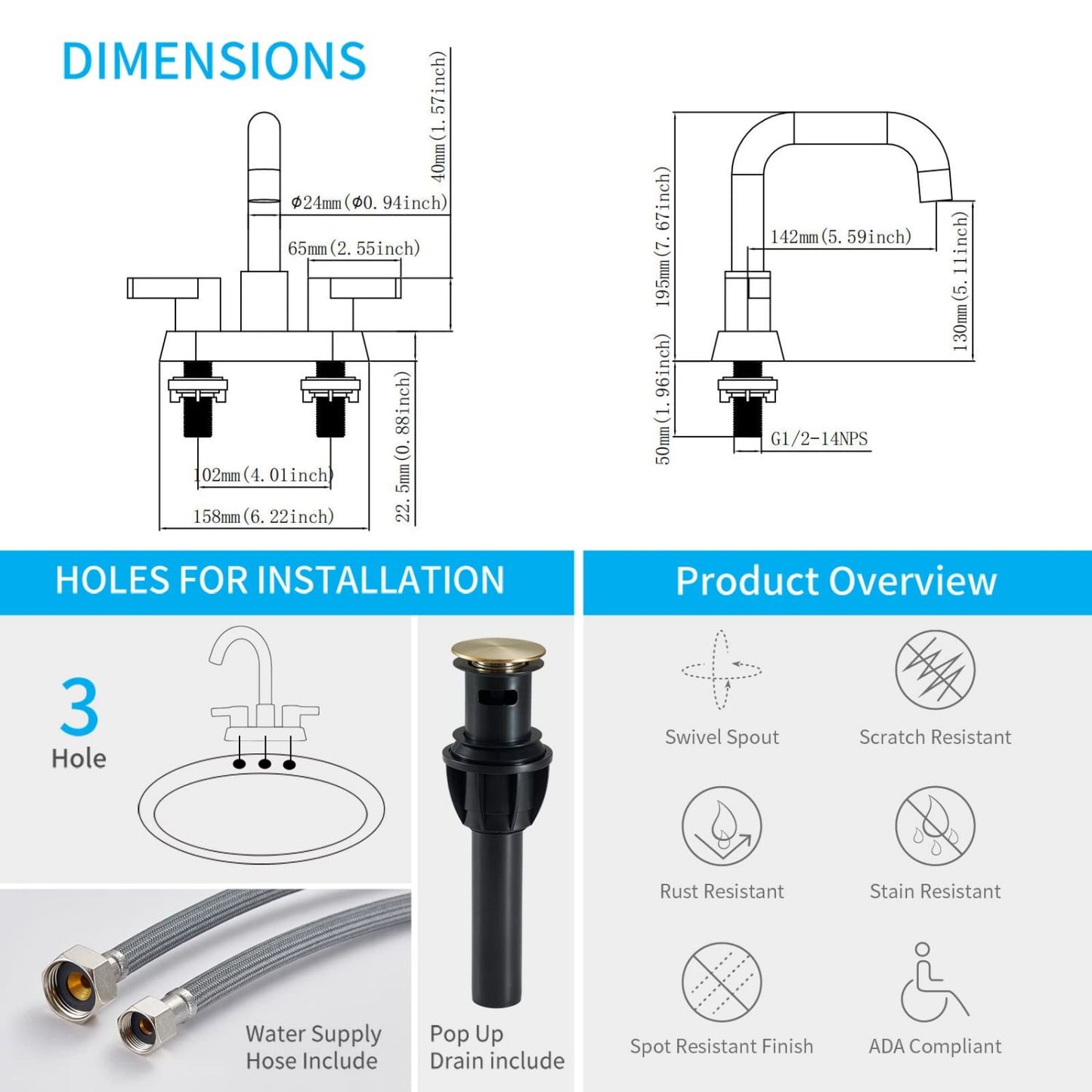 Waterpar® 4 in. Centerset Double Handle Bathroom Faucet with Pop-up Drain and ‎Supply Hose