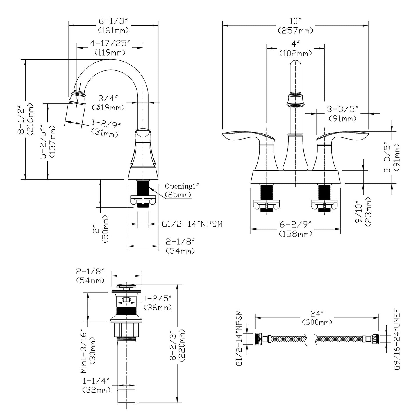 Waterpar®  4 in. Centerset Double Handle High Arc Bathroom Faucet with Pop-up Drain and ‎Supply Hoses
