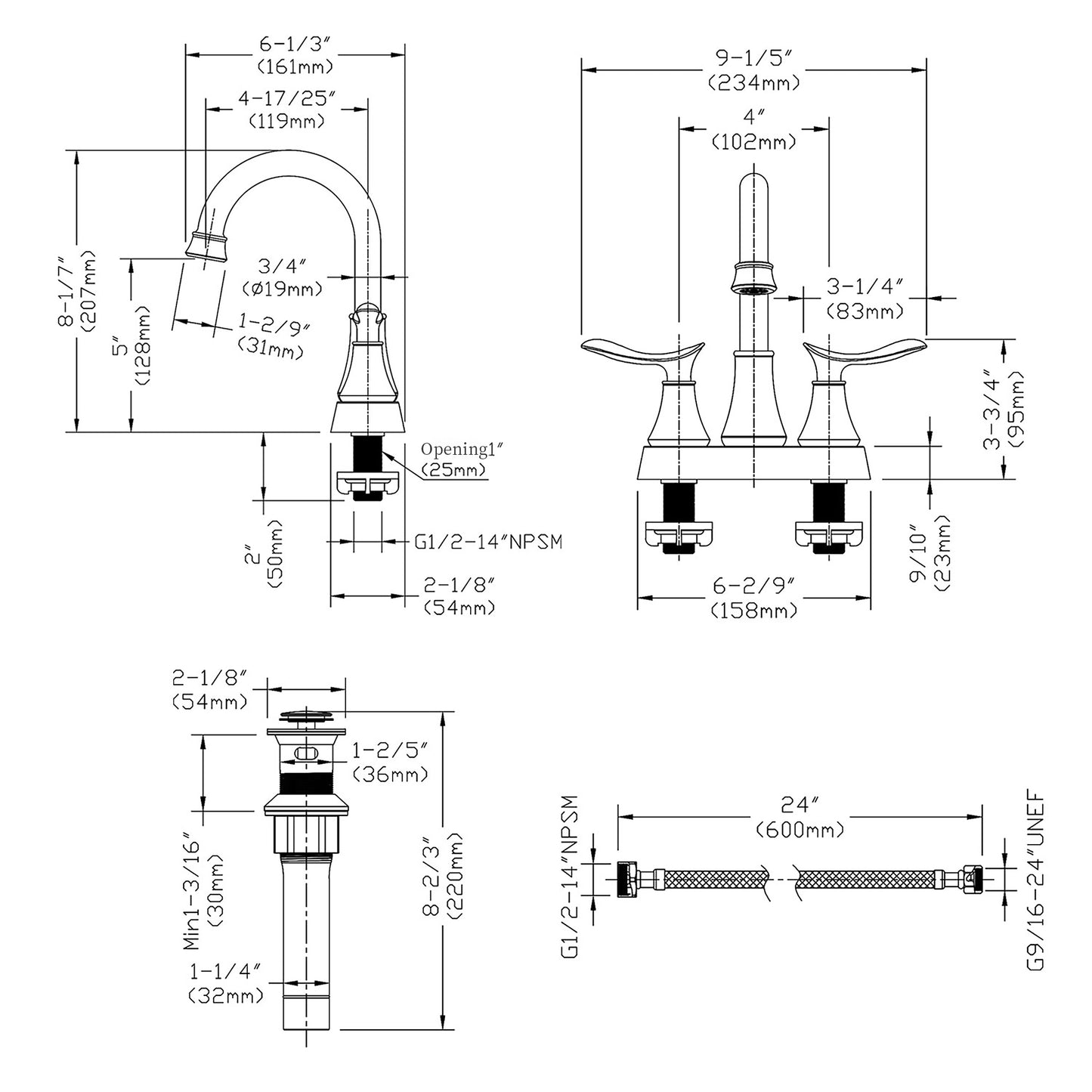 Waterpar®  4 in. Centerset Double Handle Bathroom Faucet with Pop-up Drain and ‎Supply Hoses