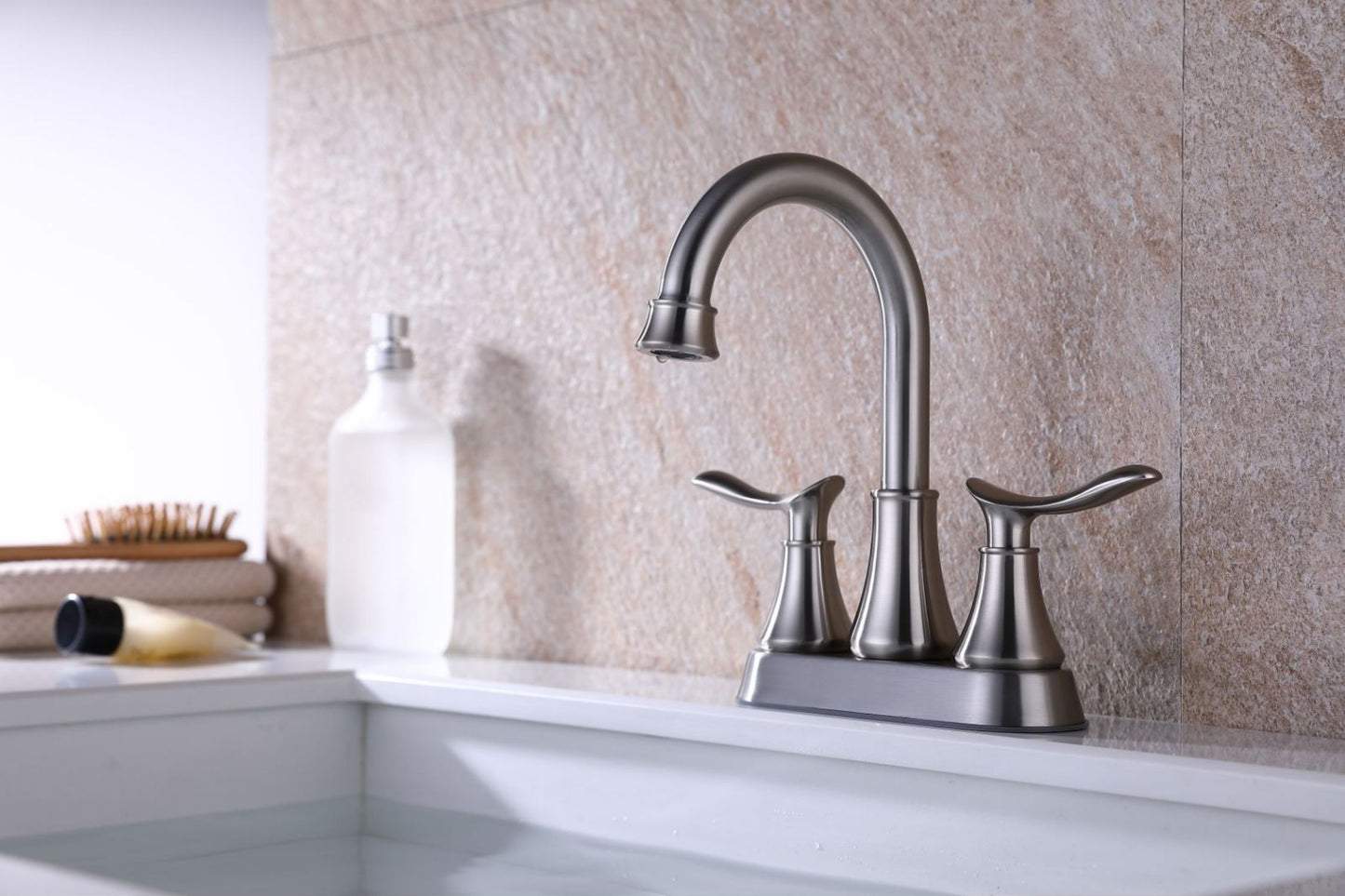 Waterpar®  4 in. Centerset Double Handle High Arc Bathroom Faucet with Pop-up Drain and ‎Supply Hoses