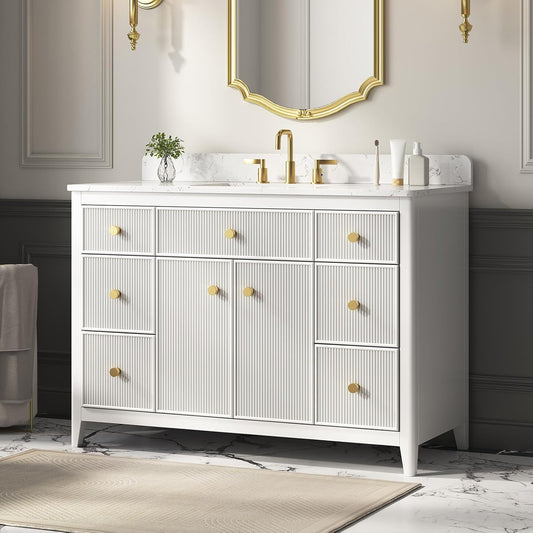 Waterpar® 48 in. W x 34.5 in. H x 22 in. D Single Sink Freestanding Bathroom Vanity in Matte White with Carrara Engineered Stone Top and Backsplash, Assembled