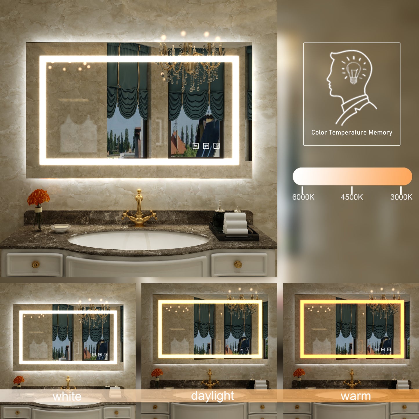 Waterpar® 48 in. W x 36 in. H Large Rectangular Frameless LED Light Anti-Fog Wall Bathroom Vanity Mirror