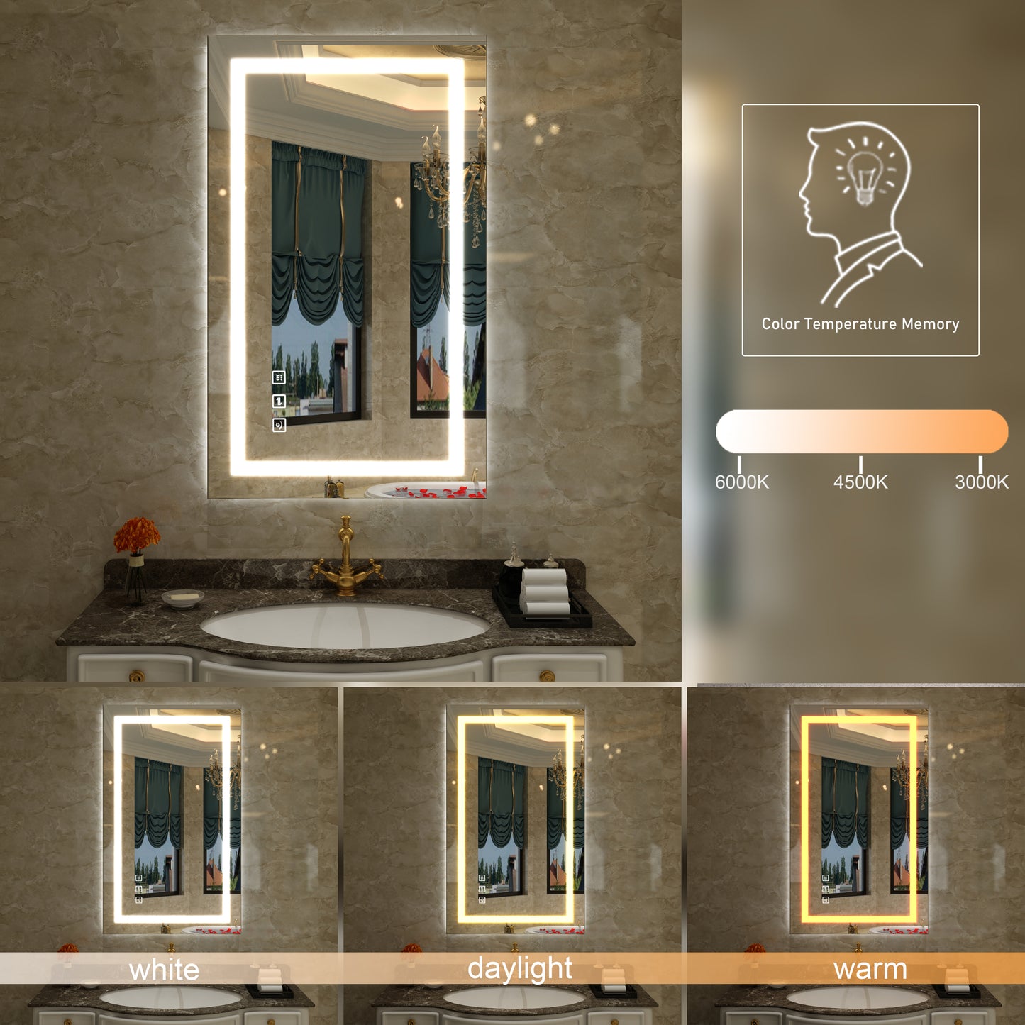 Waterpar® 36 in. W x 28 in. H LED Rectangular Frameless Anti-Fog Wall Bathroom Mirror Front Light