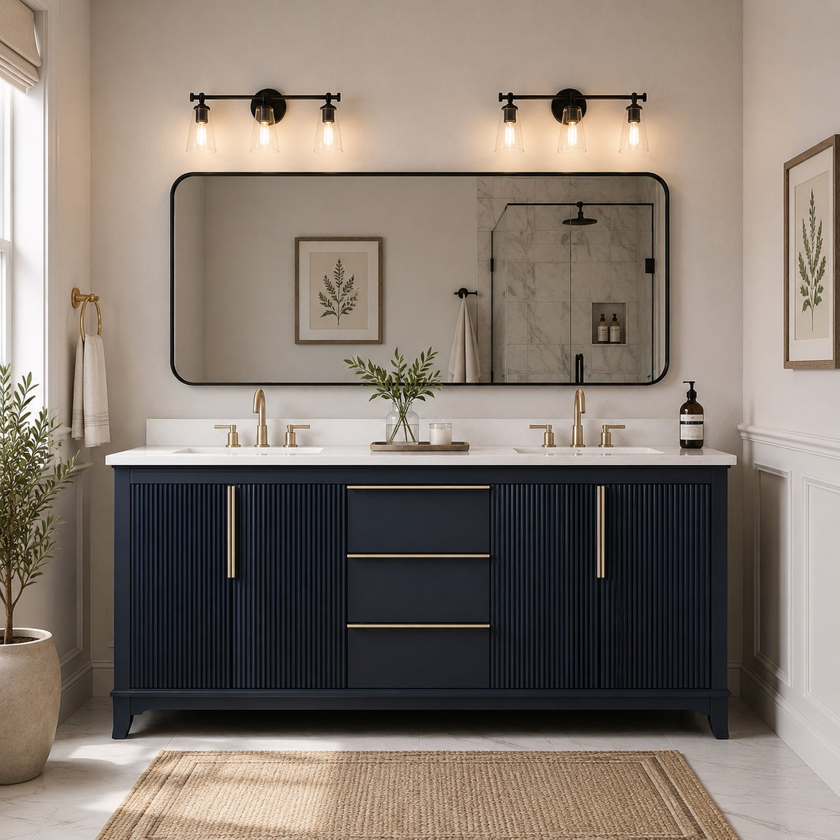 Waterpar® 60 in. W x 34.5 in. H x 22 in. D Double Sink Freestanding Bathroom Vanity in Midnight Blue with Carrara Engineered Stone Top and Backsplash, Assembled