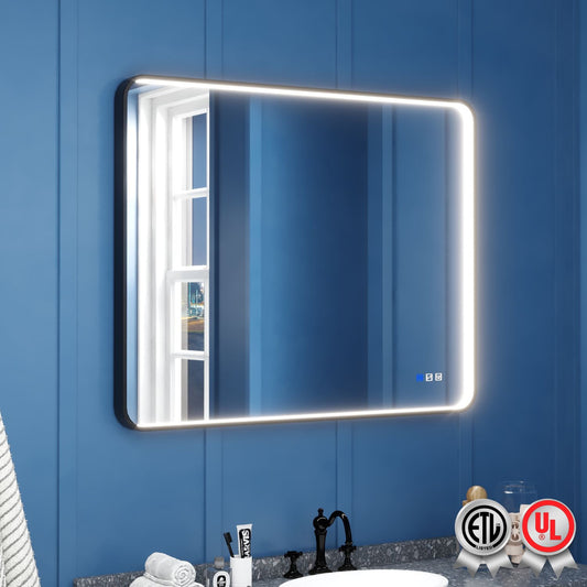 Waterpar® Rectangular Black Framed Anti-Fog LED Wall Bathroom Vanity Mirror with Front Light