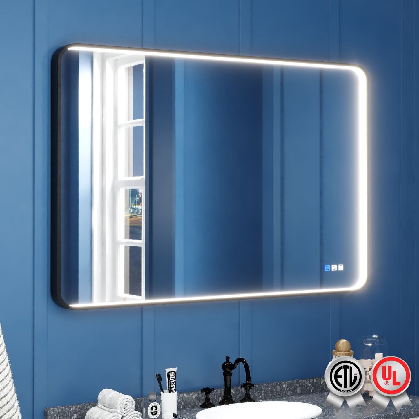 Waterpar® Rectangular Black Framed Anti-Fog LED Wall Bathroom Vanity Mirror with Front Light
