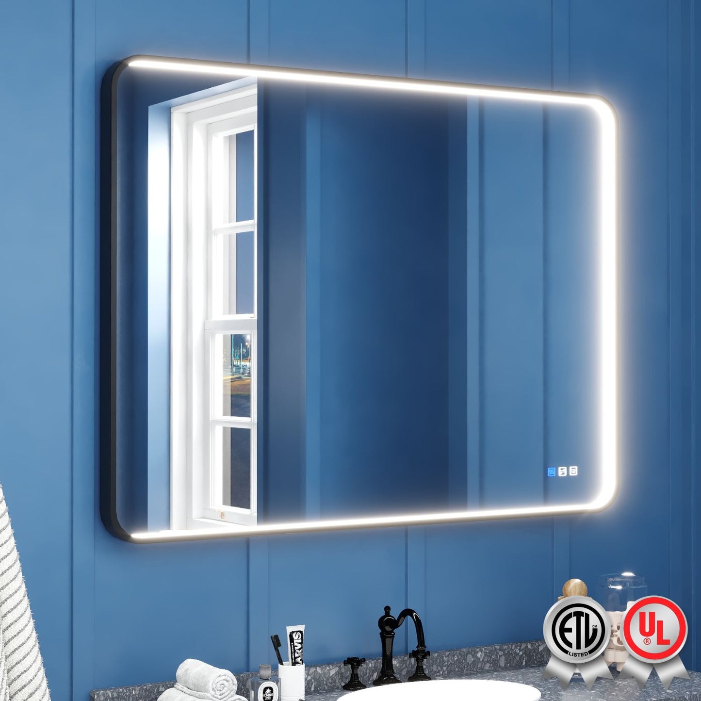 Waterpar® Rectangular Black Framed Anti-Fog LED Wall Bathroom Vanity Mirror with Front Light