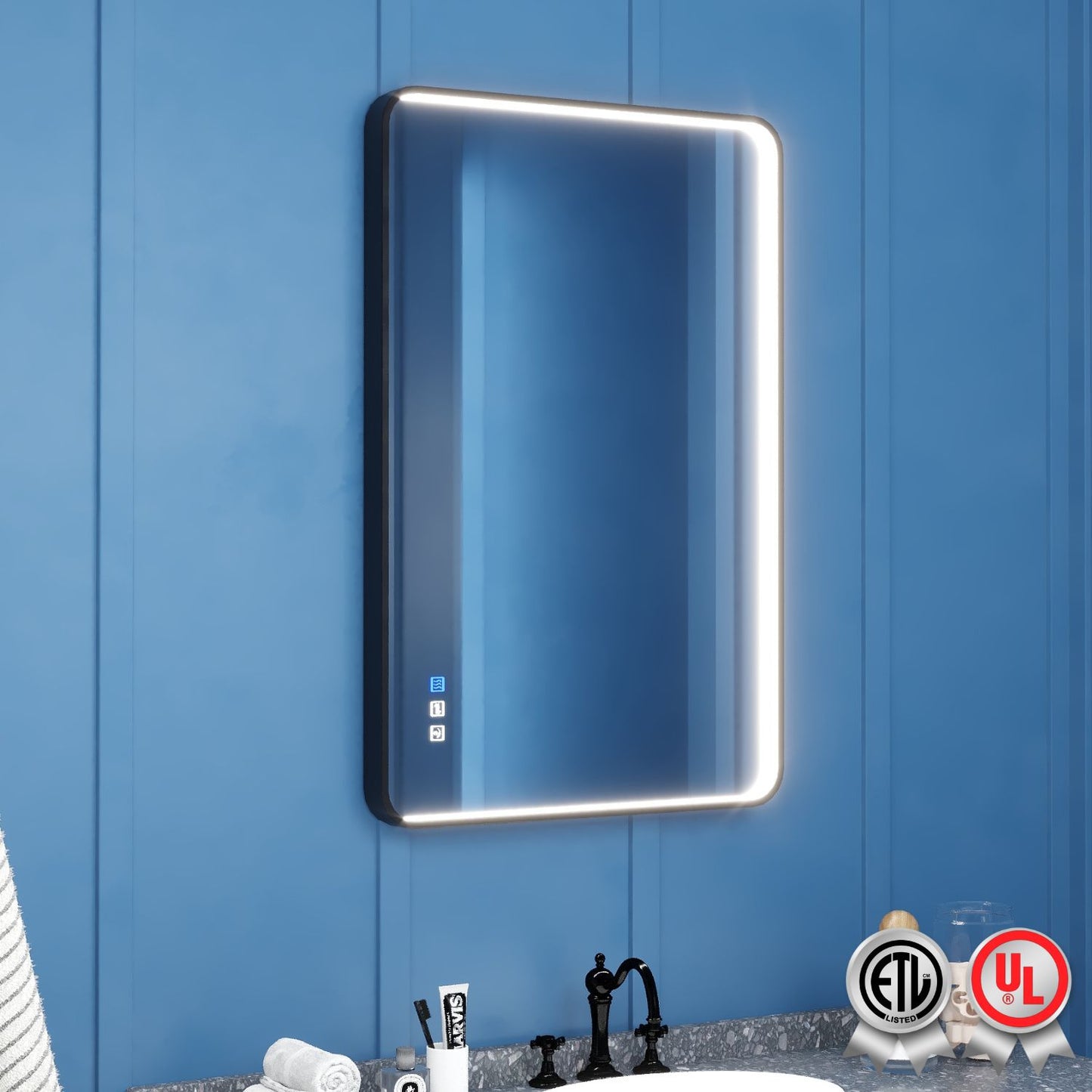 Waterpar® Rectangular Black Framed Anti-Fog LED Wall Bathroom Vanity Mirror with Front Light