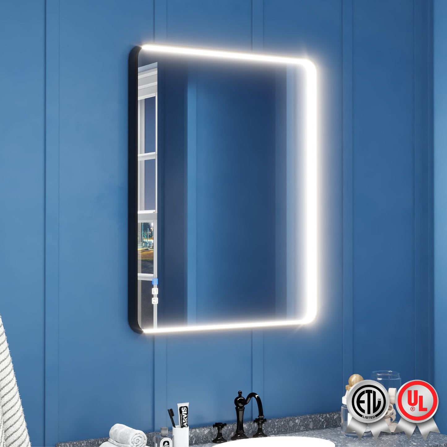 Waterpar® Rectangular Black Framed Anti-Fog LED Wall Bathroom Vanity Mirror with Front Light