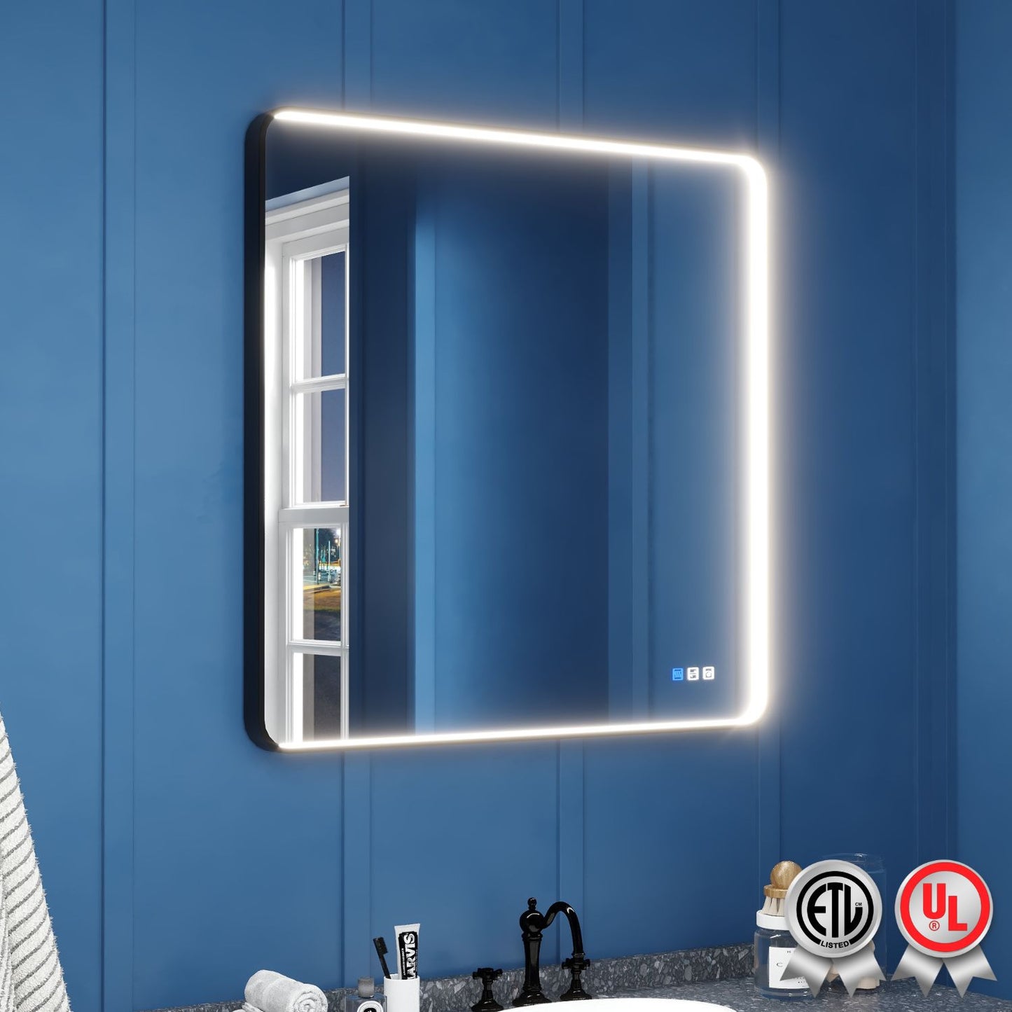Waterpar® Rectangular Black Framed Anti-Fog LED Wall Bathroom Vanity Mirror with Front Light