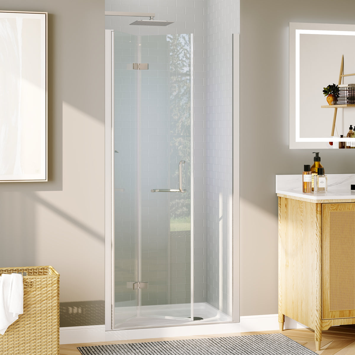 Waterpar® Bi-Fold Minimalist Semi Frameless Shower Door in Brushed Nickel with Clear Glass