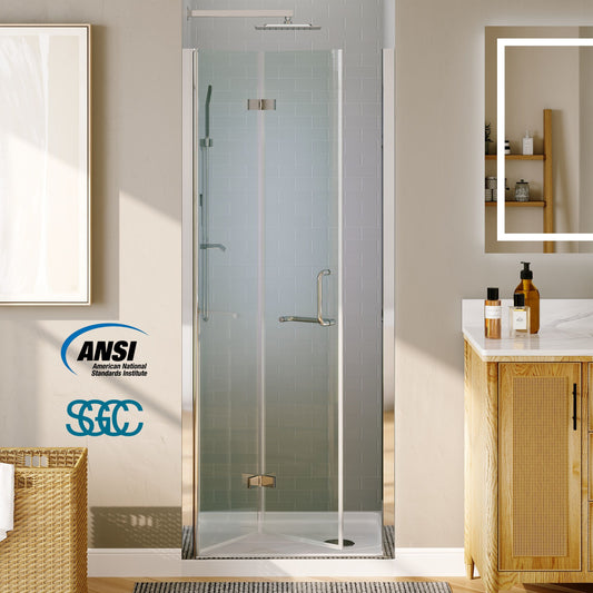 Waterpar® Bi-Fold Minimalist Semi Frameless Shower Door in Chrome with Clear Glass