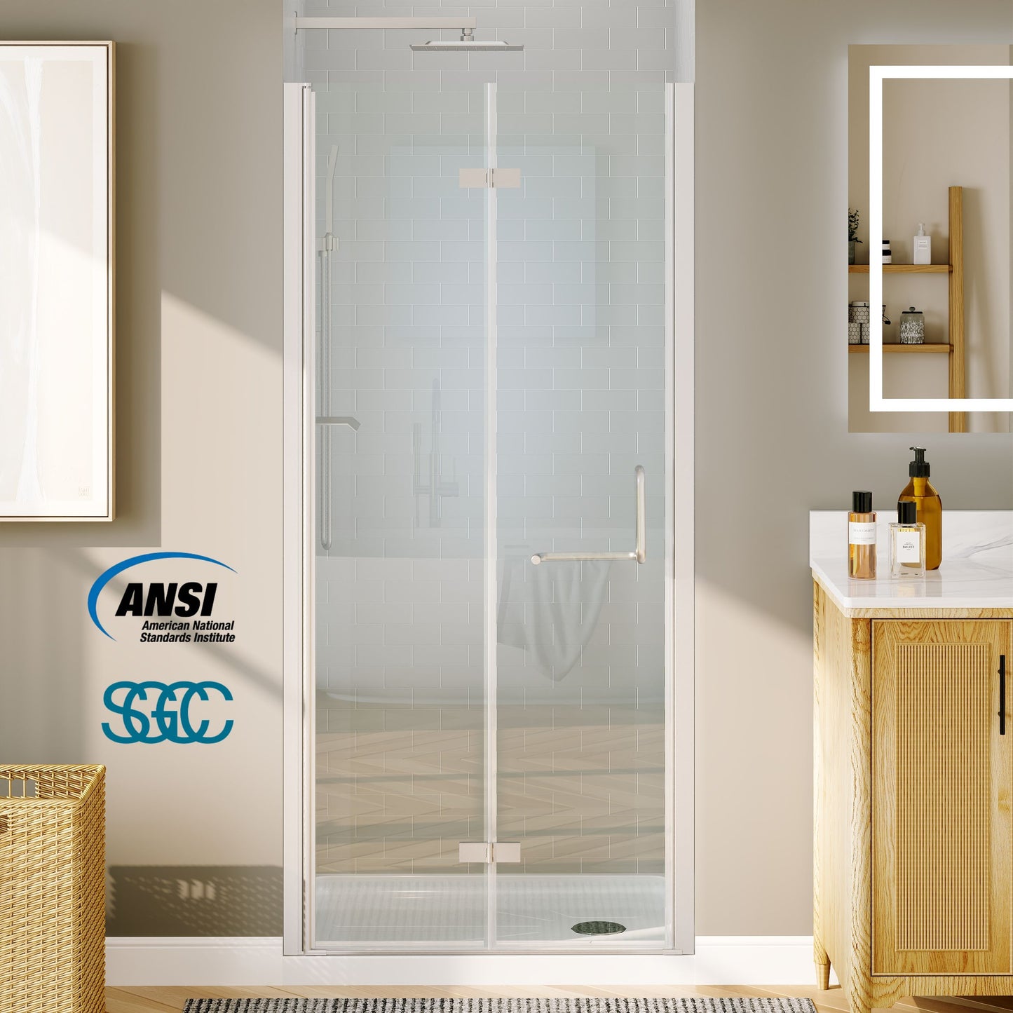 Waterpar® Bi-Fold Minimalist Semi Frameless Shower Door in Brushed Nickel with Clear Glass