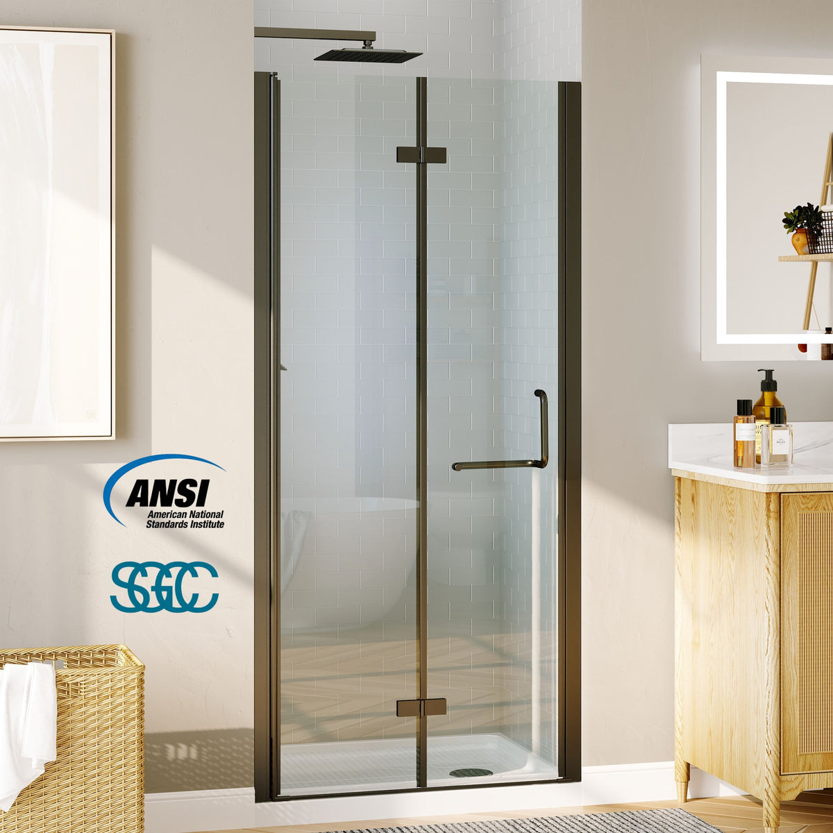 Waterpar® Bi-Fold Minimalist Semi Frameless Shower Door in Matte Black with Clear Glass
