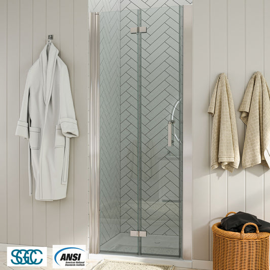 Waterpar® Bi-Fold Minimalist Semi Frameless Shower Door in Brushed Nickel with Clear Glass