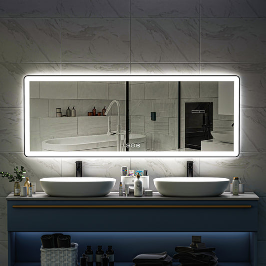 Waterpar® 84 in. W x 32 in. H Rectangular Framed Anti-Fog LED Wall Bathroom Vanity Mirror in Black with Backlit and Front Light