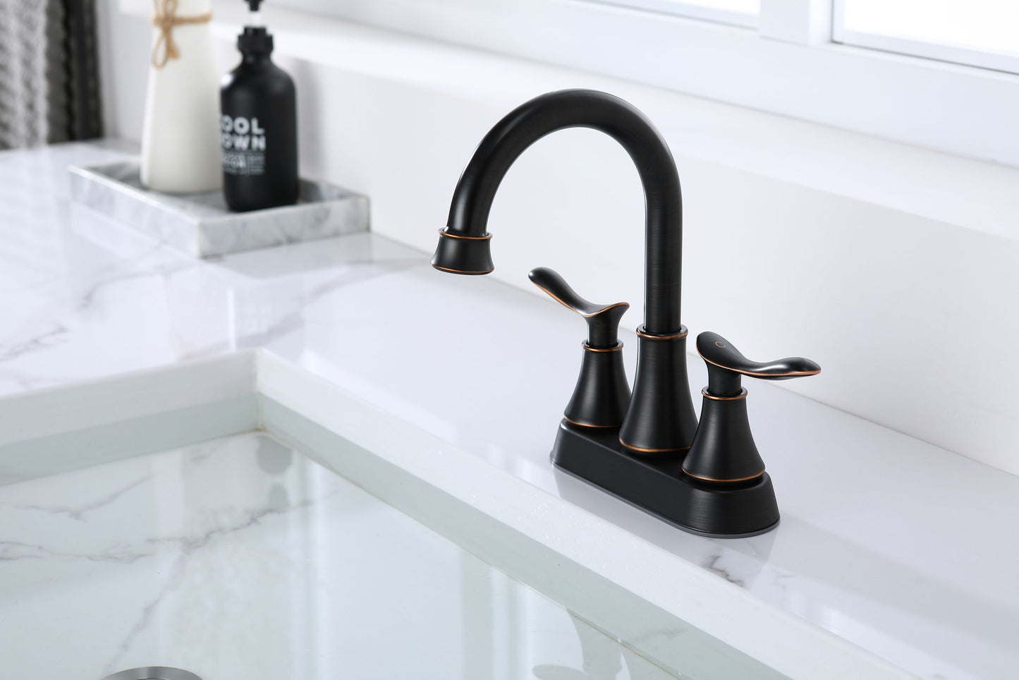 Waterpar®  4 in. Centerset Double Handle High Arc Bathroom Faucet with Pop-up Drain and ‎Supply Hoses