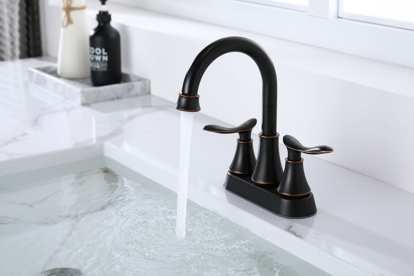 Waterpar®  4 in. Centerset Double Handle High Arc Bathroom Faucet with Pop-up Drain and ‎Supply Hoses