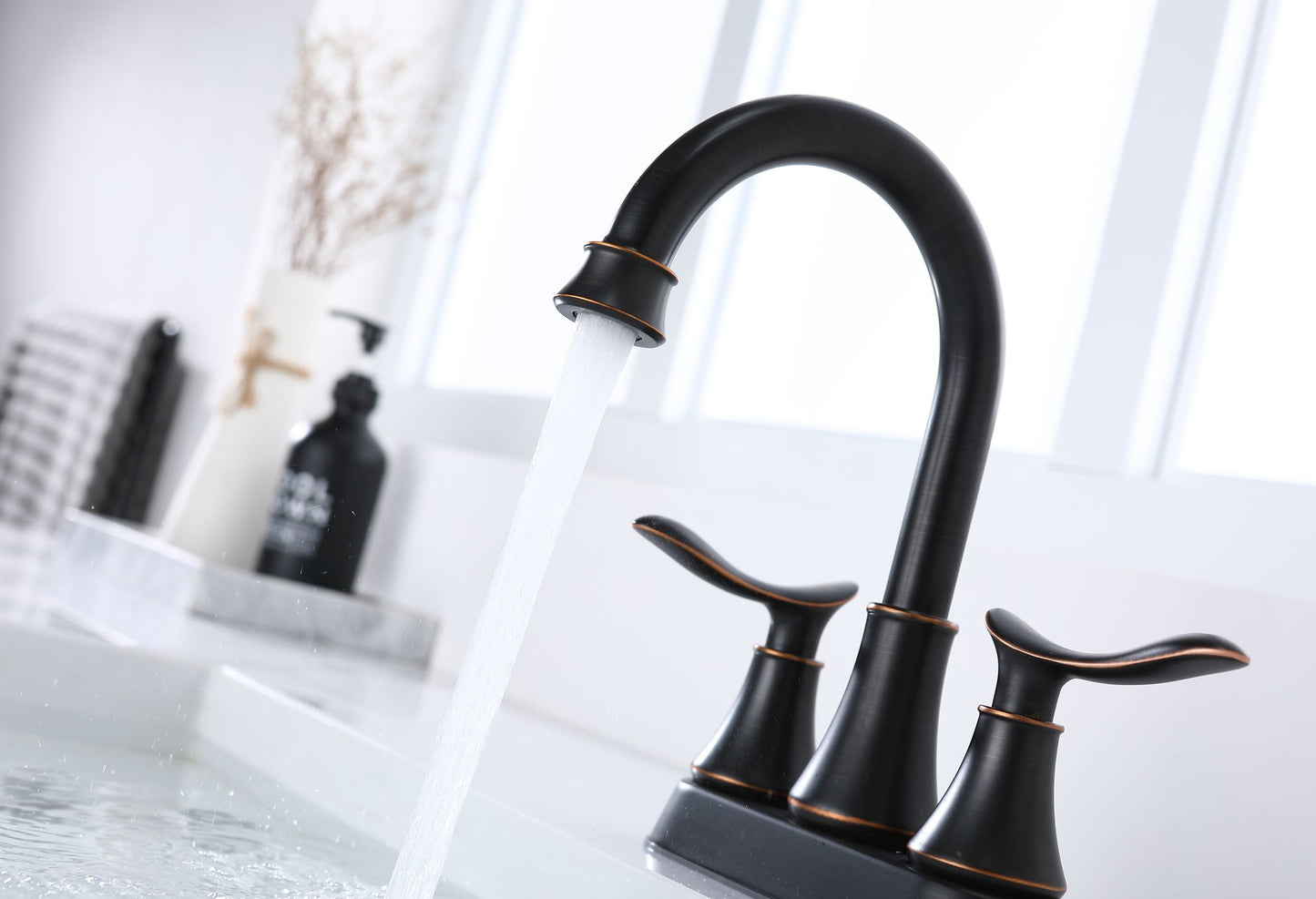 Waterpar®  4 in. Centerset Double Handle High Arc Bathroom Faucet with Pop-up Drain and ‎Supply Hoses
