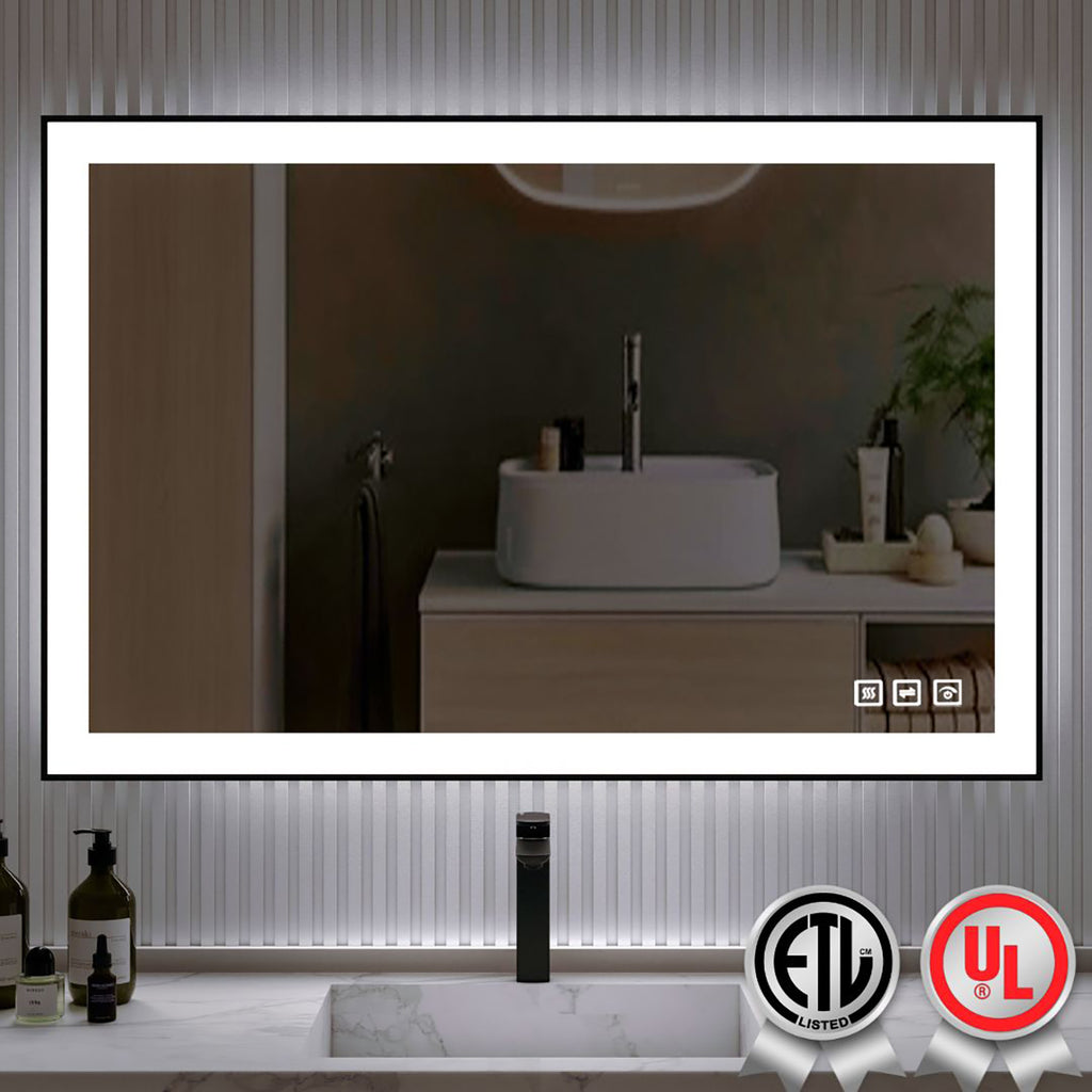 Waterpar® 48 in. W x 32 in. H Rectangular Framed Anti-Fog LED Wall Bathroom Vanity Mirror in Black with Backlit and Front Light