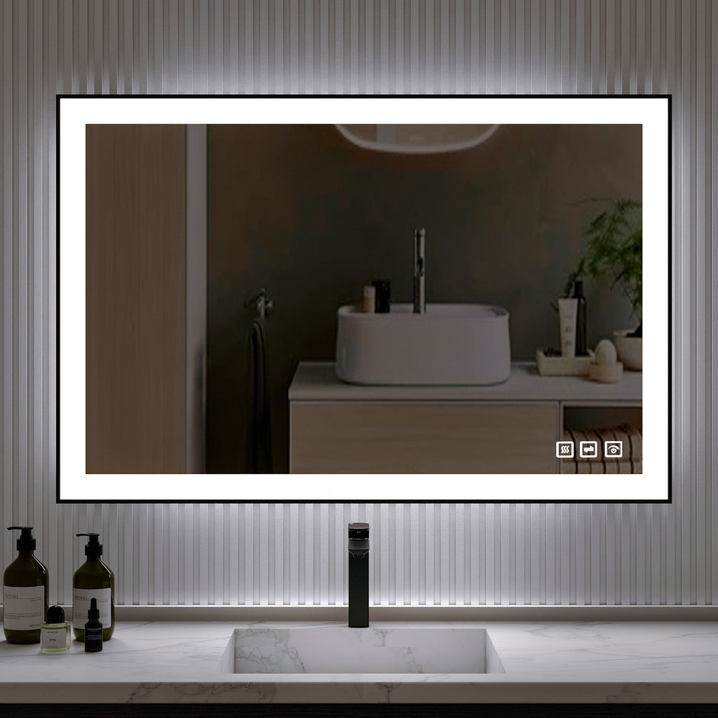 Waterpar® 48 in. W x 32 in. H Rectangular Framed Anti-Fog LED Wall Bathroom Vanity Mirror in Black with Backlit and Front Light
