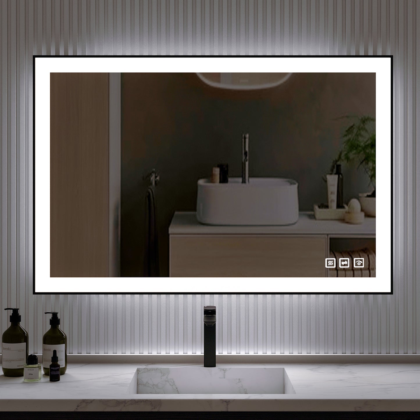 Waterpar® 48 in. W x 32 in. H Rectangular Framed Anti-Fog LED Wall Bathroom Vanity Mirror in Black with Backlit and Front Light