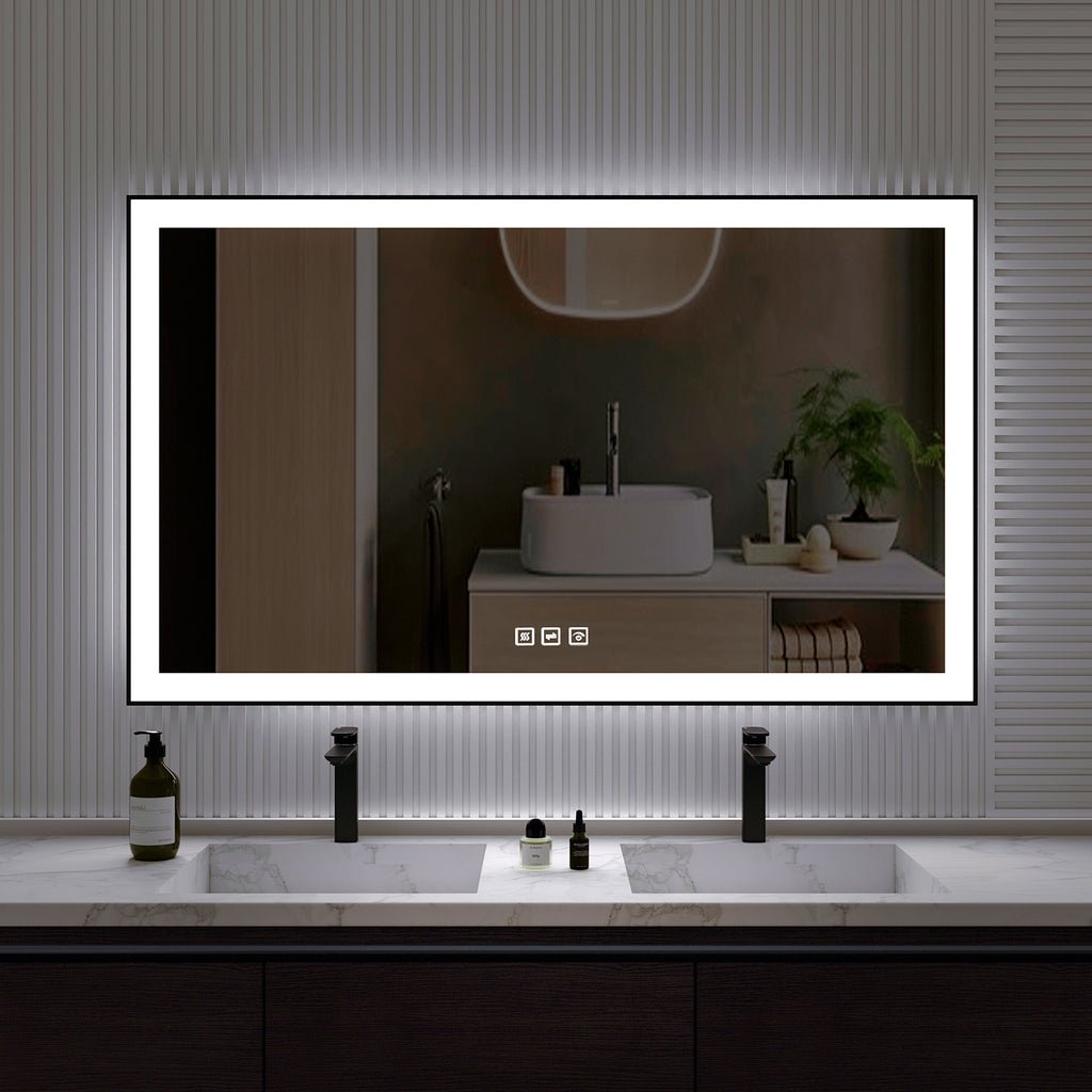 Waterpar® 60 in. W x 36 in. H Rectangular Framed Anti-Fog LED Wall Bathroom Vanity Mirror in Black with Backlit and Front Light