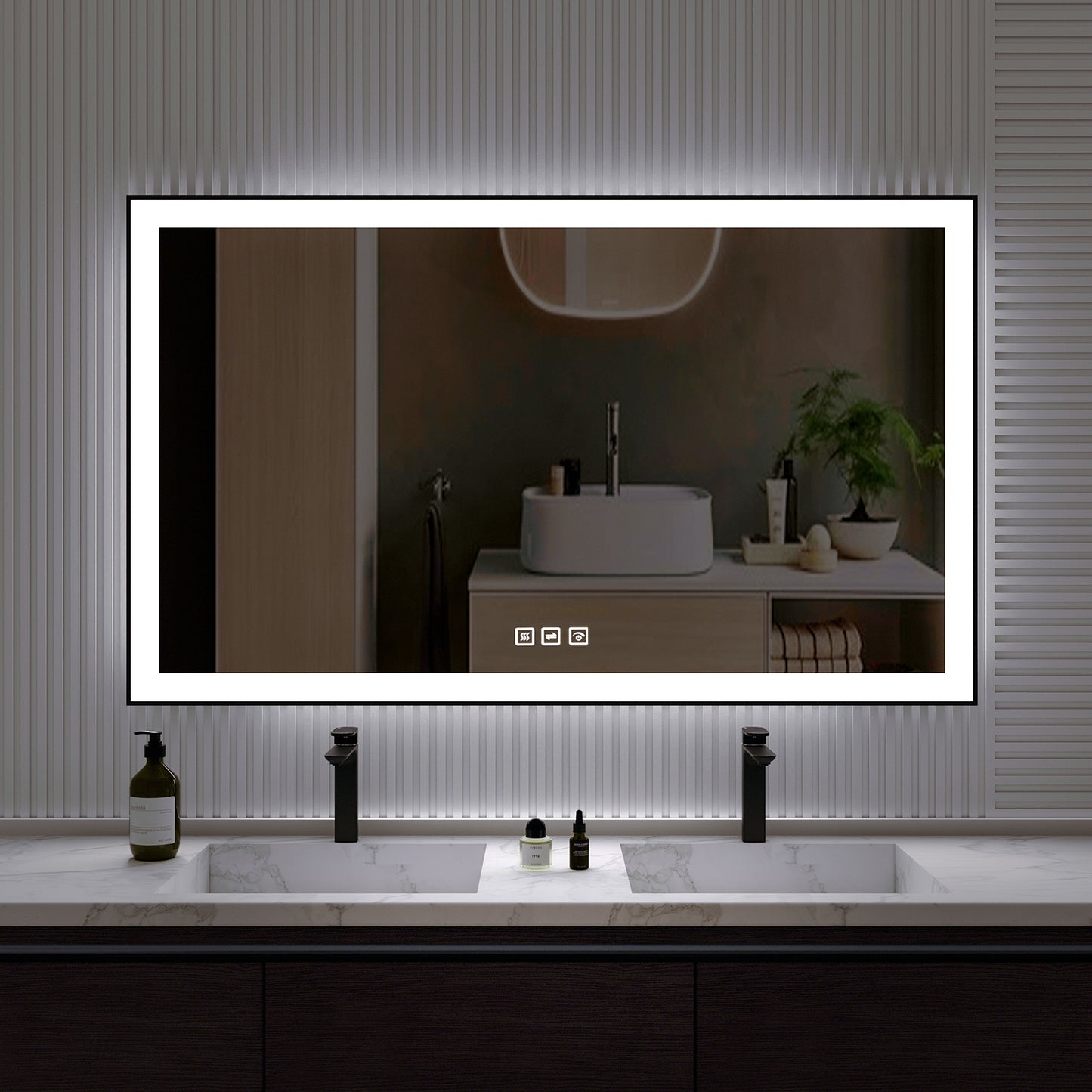 Waterpar® 60 in. W x 36 in. H Rectangular Framed Anti-Fog LED Wall Bathroom Vanity Mirror in Black with Backlit and Front Light